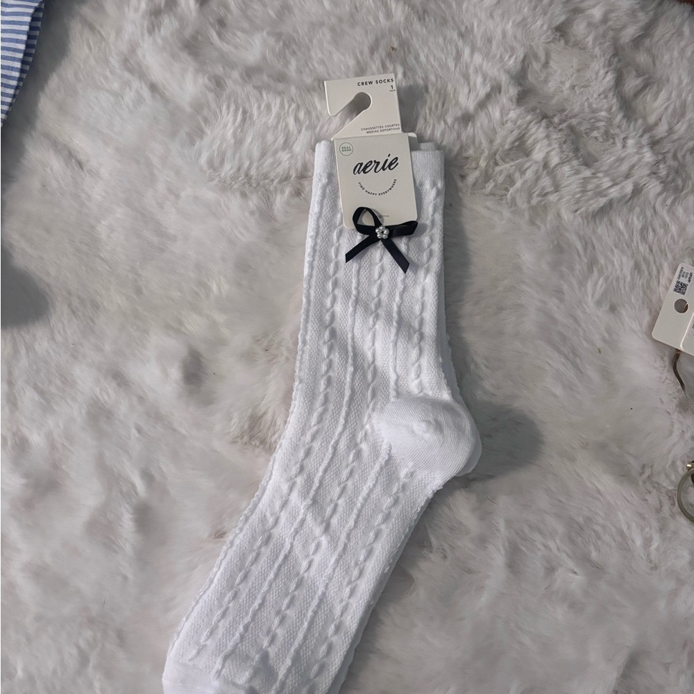Aerie White Knit Socks with Black Bow